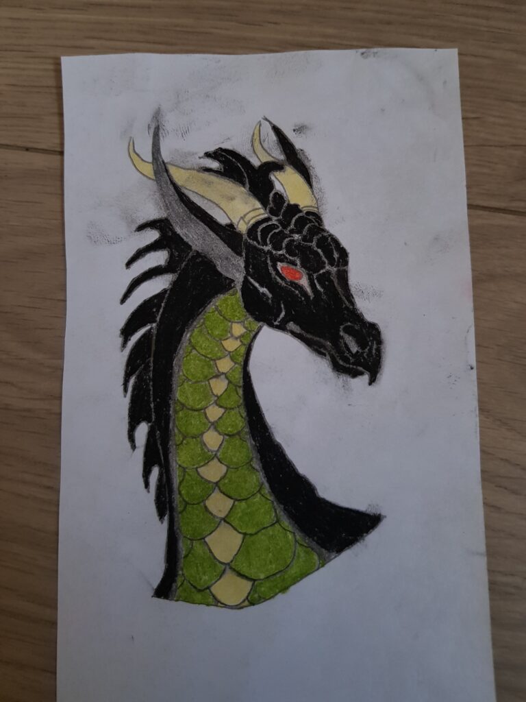 Draak getekend met kleurpotlood