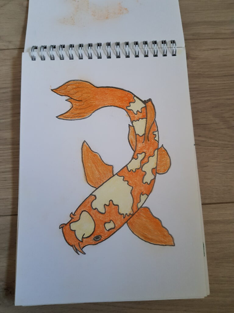 Koi vis getekend met kleurpotloden