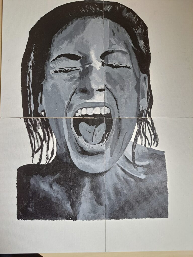Zwart wit acryl verf schilderij van een model